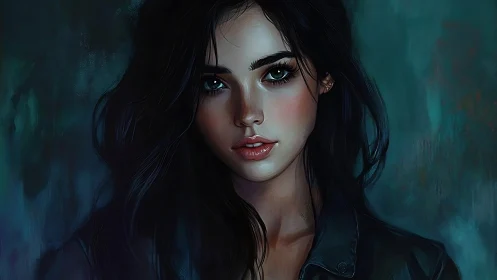 Moody teal portrait of dark-haired woman in soft focus.