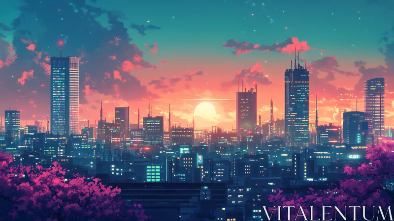 Dreamy neon city sunset wrapped in soft pastel light.