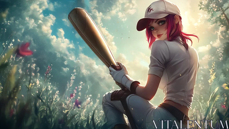 Baseball striker rests in wildflower field at sunrise