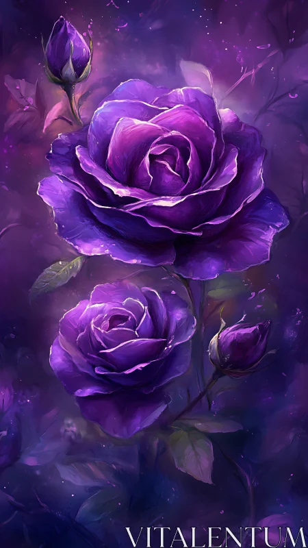 Enchanted Roses in Luminous Purple Ethereal Dreamscape.
