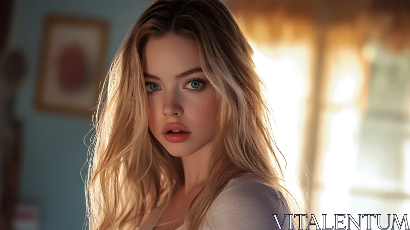 Blonde woman in soft indoor light, calm direct gaze.