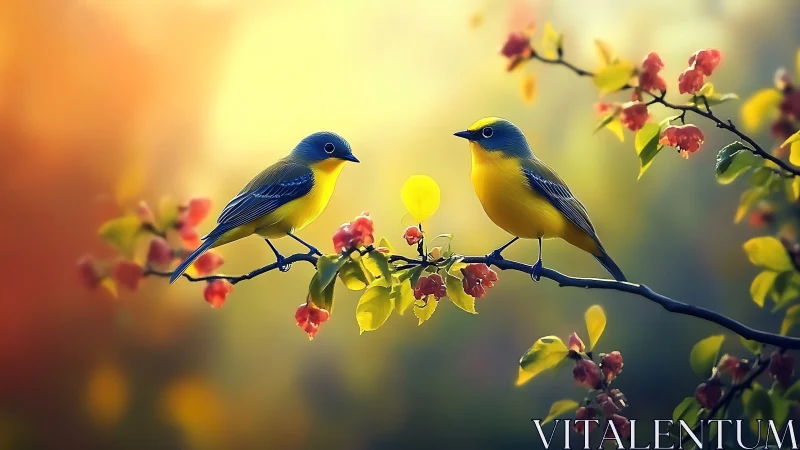 Two yellow songbirds on flowering branch, soft dreamy background.