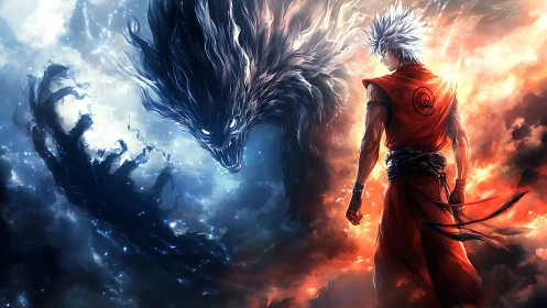 Elemental duel: anime warrior facing spectral storm beast.