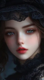 Digital painting portrait in dark lace with luminous skin rendering.