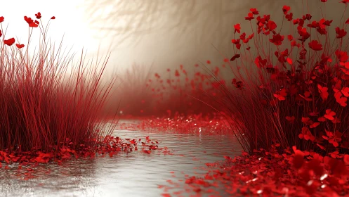 Crimson riverbank grasses glow under soft diffused light.