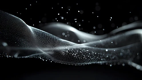 Abstract digital wave of glowing particles on a dark background.