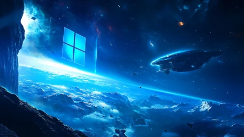 Futuristic orbital scene depicts spacecraft above icy planet