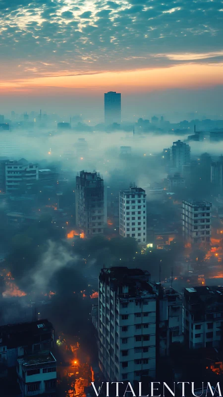Dense fog over high-rise cityscape at early sunrise.