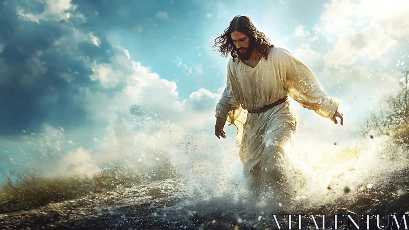 Figure in white robe walking through splashing water scene.