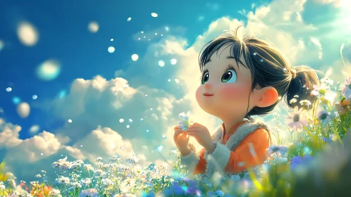 Anime child in glowing flower field under dreamy sky.