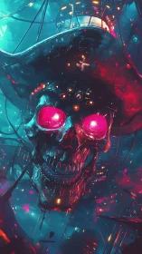 Neon pirate skull sails through glowing cyber seascape