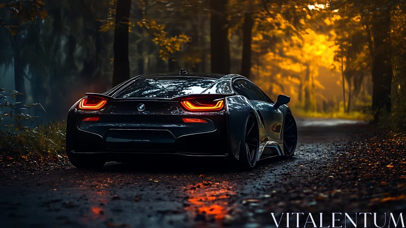 Sleek sports car glides through a glowing autumn forest road