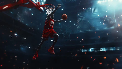 Basketball player soars toward hoop under dramatic arena lights
