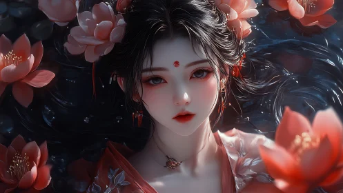 Lotus-crowned maiden gazes softly from moonlit water