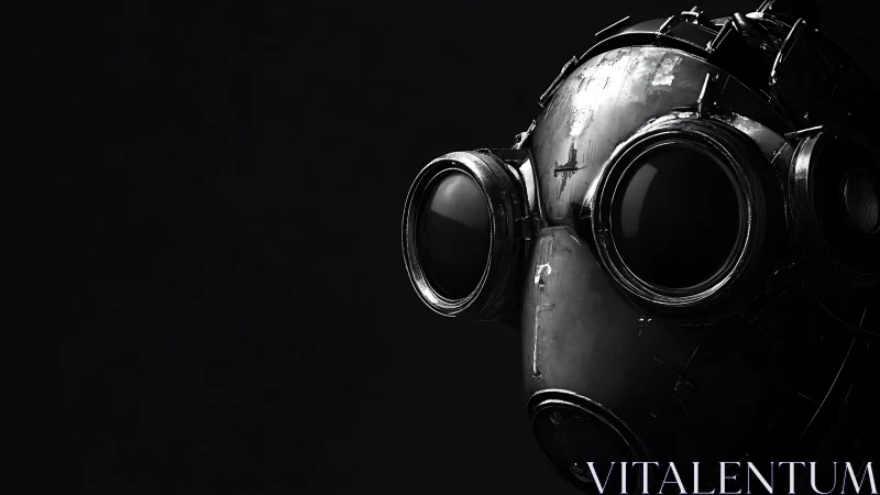Corroded monocular respirator helm in low-key digital render.