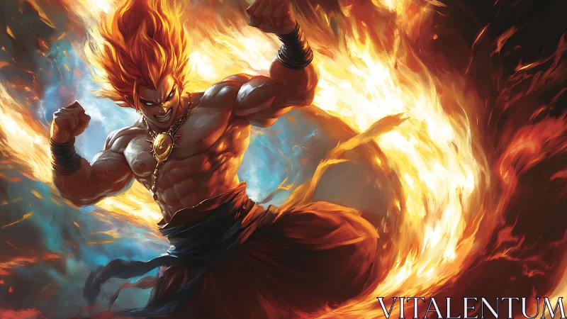 Blazing warrior erupts in swirling inferno of unleashed power.