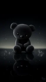 Black plush bear on reflective black surface in low light.