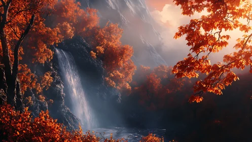 Autumn waterfall cascades through misted valley in soft light