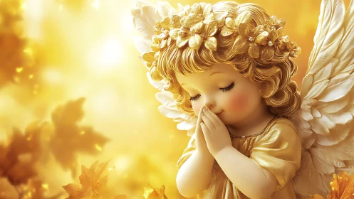 Golden cherub whispers quiet wishes into autumn light