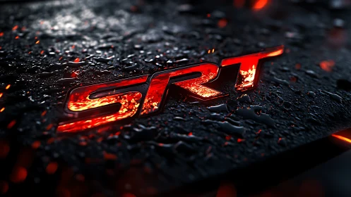 SRT emblem glows through wet carbon fiber with neon highlights.