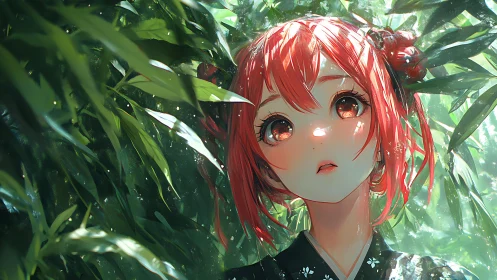 Red-haired girl gazes through luminous forest bamboo leaves.