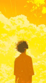 Silhouetted youth studies blazing golden sky in solitude.