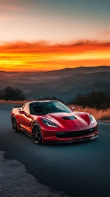 Red sports car on mountain road under vivid sunset sky.