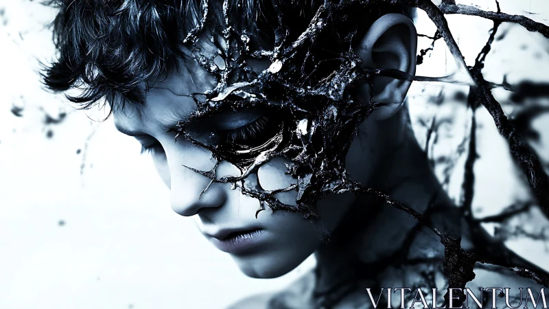 Cybernetic corrosion mask on melancholic portrait study.