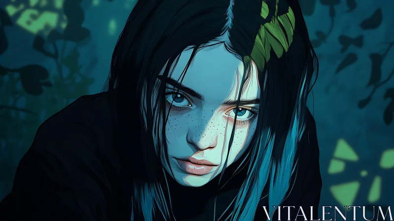 Freckled blue-eyed girl stares upward in teal forest light