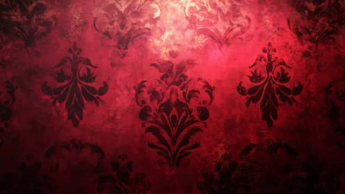 Red textured damask wallpaper with dark ornamental motifs.