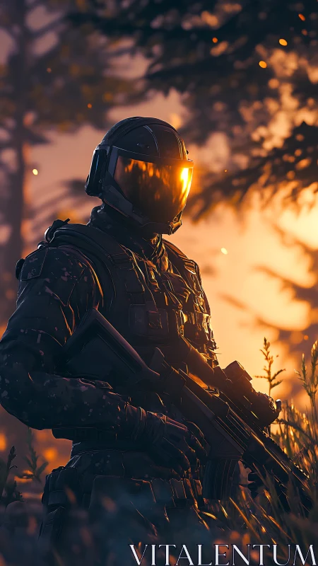 Sunlit sentinel in armor watching the forest edge at dusk.