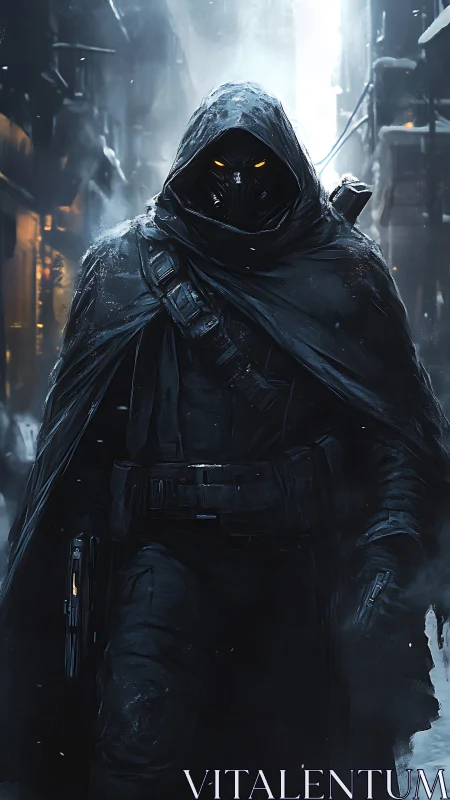 Storm-lit vigilante strides through a frozen neon alley