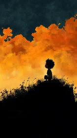 Silhouetted child watches blazing sunset clouds in solitude