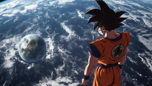 Anime warrior gazes over Earth from the silence of space