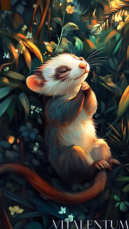 Peaceful little ferret basking in soft forest daydreams.