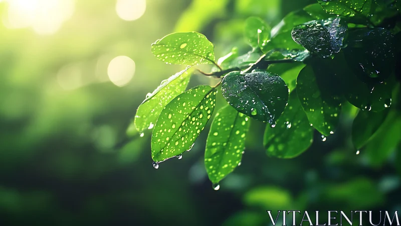 Sunlit green leaves carry uniform raindrops along branch