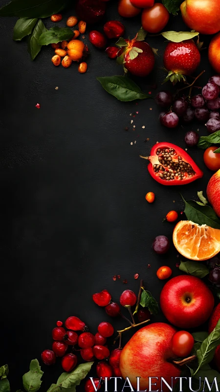 Assorted red and orange fruits on dark textured background.