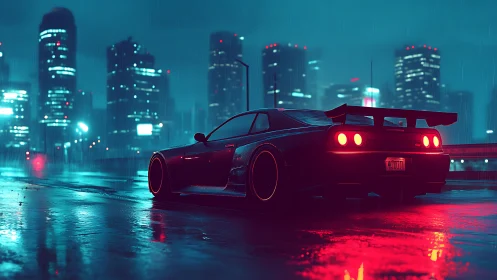 Tuned sports coupe in neon drenched rainy cyberpunk cityscape