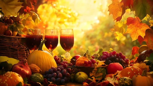 Autumn harvest still life with wine glasses and pumpkins.