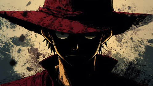 Shadowed outlaw in crimson hat stares through stormlight.