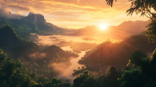 Sun rises over misty 3D-rendered tropical river valley