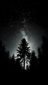 Milky Way core above silhouetted conifer forest at night