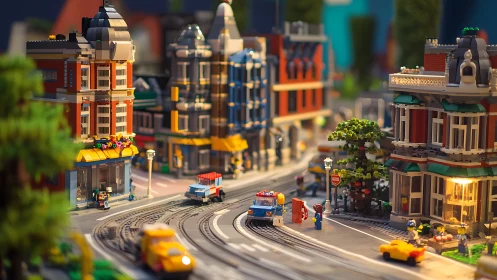 High-detail LEGO city intersection with curved tram tracks and warm lighting