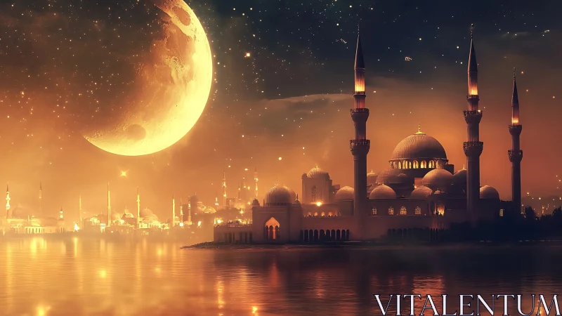 Crescent moon hangs over illuminated domed mosque cityscape