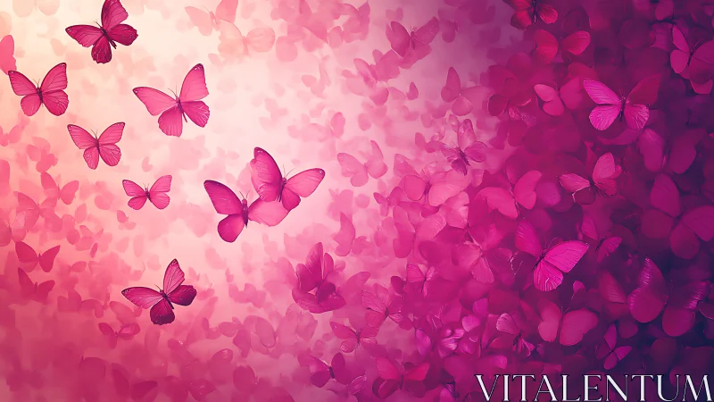 Pink butterfly swarm drifting through luminous gradient field.