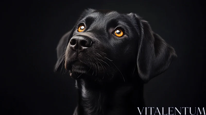 Black labrador gazes upward in dramatic studio lighting.
