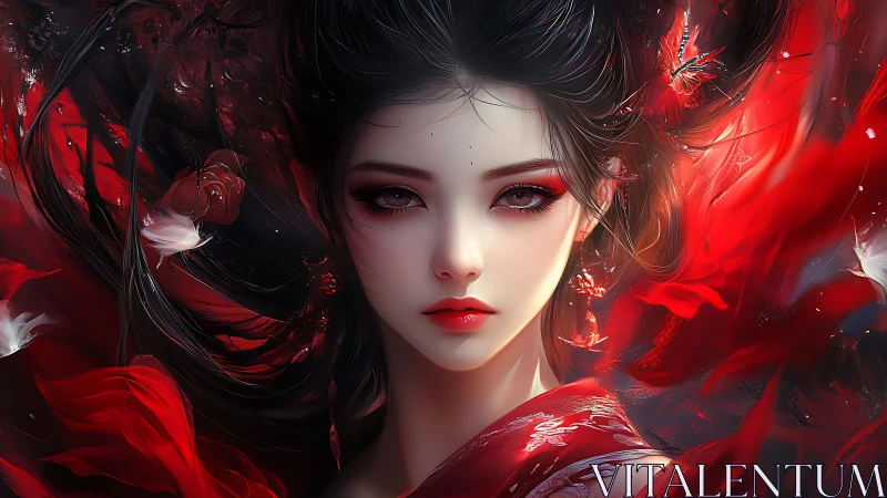 Digital portrait of woman in red with flowing dark hair.