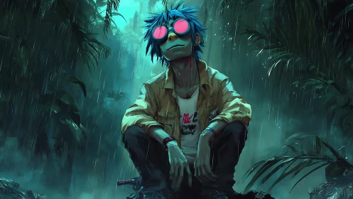 Neon daydreamer resting in the rain-soaked jungle hush.