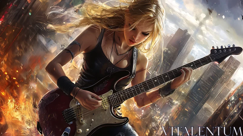 Blonde guitarist unleashes electrifying solo above burning city