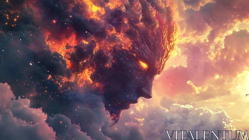 Fiery cosmic titan emerges from storm-swept heavens.